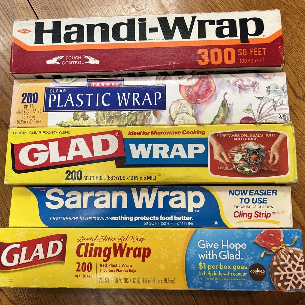Vintage Saran, Glad, Handi, Target Cling Plastic Wrap Clear & Red All Open Used